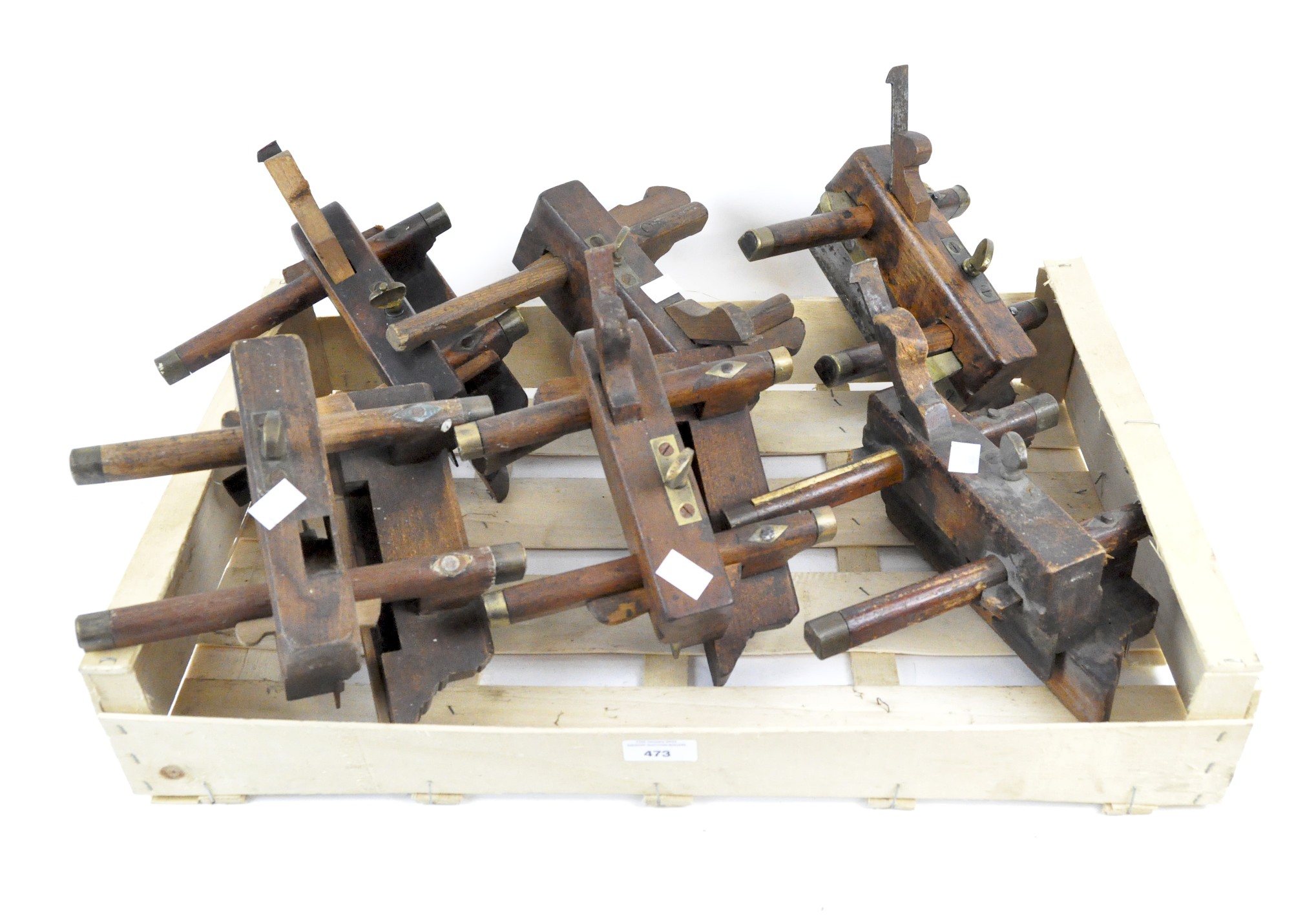 Six vintage wooden plough planes, names include CW Wills, T.Allsop, and W Woodbridge,