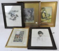 A collection of five watercolours and prints, including two prints of women and countryside scenes