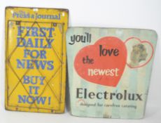 Two vintage advertising signs, the rectangular metal example bearing the words 'The Press & Journal,