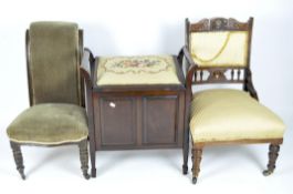 Two early 20th century chairs and a piano stool,