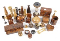 A selection of wooden treen wares, to include a miniature chest of drawers