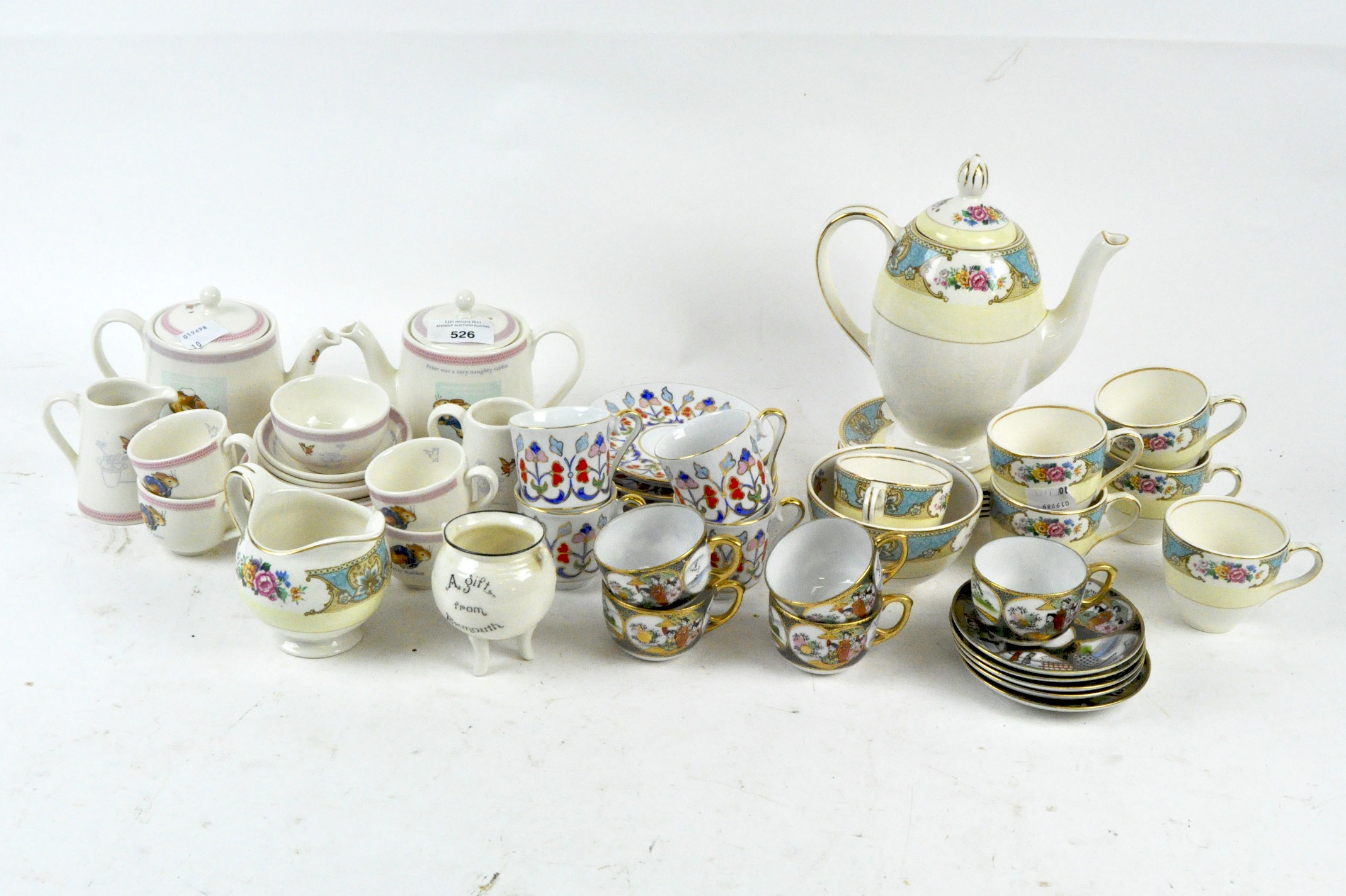 Three ceramic part tea sets, to include Wedgwood 'Peter Rabbit', a Japanese style set, and more