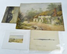 A group of pictures to include a watercolour landscape scene, and other examples