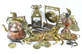 A collection of assorted brassware and other metalware, including a table gong on stand,