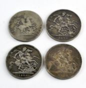 Four silver coins, comprising three Victorian crowns and a Georgian crown
