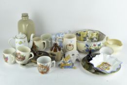 A group of assorted kitchen, decorative and commemorative ceramics to include a stoneware flagon,