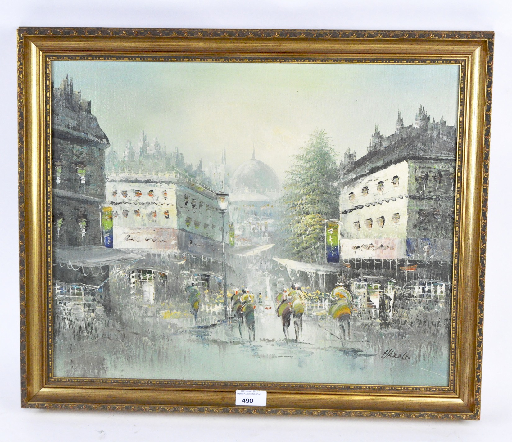 A 20th century oil on canvas depicting a continental street scene, signed Harold,