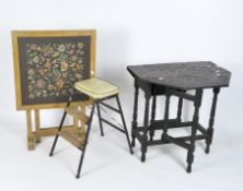 A late 19th/early 20th century oak drop leaf table, a tilt top table and a set of folding steps