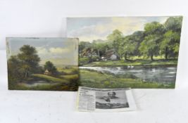 Two oil paintings depicting rural landscapes, including an oil on canvas by Denys Garle,