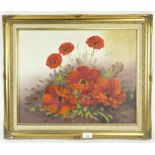 A 20th century oil on canvas floral still life, depicting red poppies,