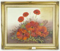 A 20th century oil on canvas floral still life, depicting red poppies,