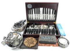 A collection of silver plate and metalware to include a canteen of cutlery by Butler,