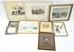 A group of contemporary pictures, including a watercolour of cottages, African villagers, and more