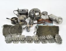 A collection of silver plate, to include an EPNS cruet set, a EPNS belt, a pepper grinder,