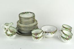 A Sutherland part tea set decorated and gilt with flowers on a black ground border