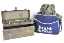 A vintage metal toolbox and contents and a retro British Airways bag with more