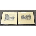 Two 19th century etchings, depicting a church and a row of cottages, signed Gerald M. Burn