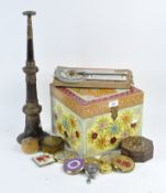 A wooden box painted with floral decoration containing assorted collectables,