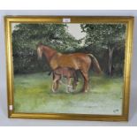 A contemporary oil on canvas depicting a horse and foal, initials and date in the corner 'R.F. 90'