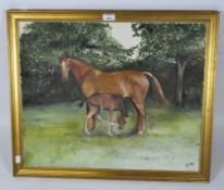 A contemporary oil on canvas depicting a horse and foal, initials and date in the corner 'R.F. 90'