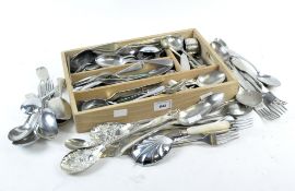 A selection of Victorian and later flatware, including silver plated and stainless steel examples,