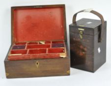 Two antique wooden boxes, one a jewellery box, the other with handle to the top