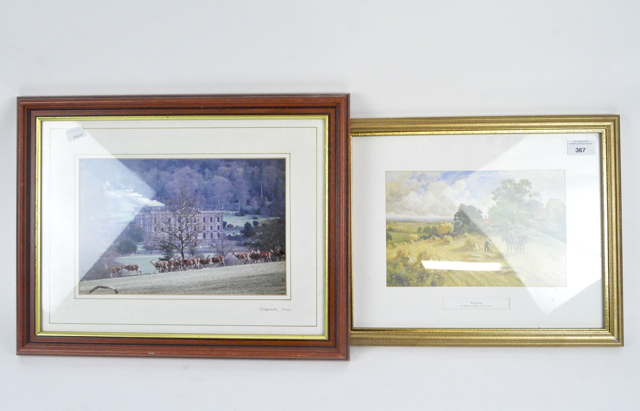 A Henry H. Parker print of 'Harvesting', and a photograph of Chatsworth