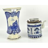 Two pieces of blue and white Delft ceramics and a teapot with Korean style decoration