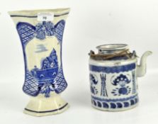 Two pieces of blue and white Delft ceramics and a teapot with Korean style decoration