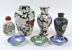 A group of 20th century Chinese and Japanese cloisonne, enamel and glass items