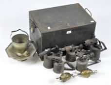A selection of vintage blow torches, =a silver plated bowl and other brassware, in a metal box