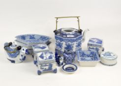 A collection of blue and white ceramics,