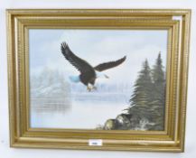 A 20th century oil on canvas depicting a bald eagle in flight over a wintery lake landscape,