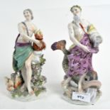 Two Chelsea-Derby style figures, comprising: Neptune before a dolphin, holding an urn of water,