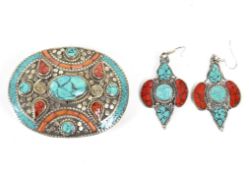 A pair of white metal and turquoise set Mexican drop earrings together with matching belt buckle