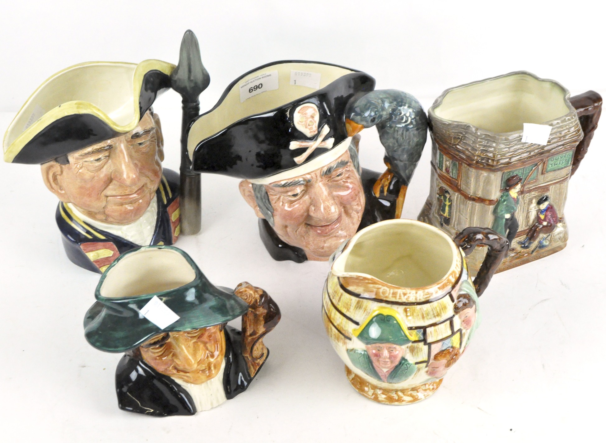 A group of nine jugs including four Royal Doulton examples titled Oliver Twist, Long John Silver, - Image 2 of 2