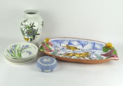 A collection of contemporary ceramics, including Wedgwood Jasperware pot, Portmeirion, and more