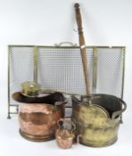 A Collection of Victorian and later brass and copper ware, including a fire guard, bed warmer,