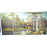 A 20th century oil on canvas landscape depicting a forest scene with hut beside a lake,