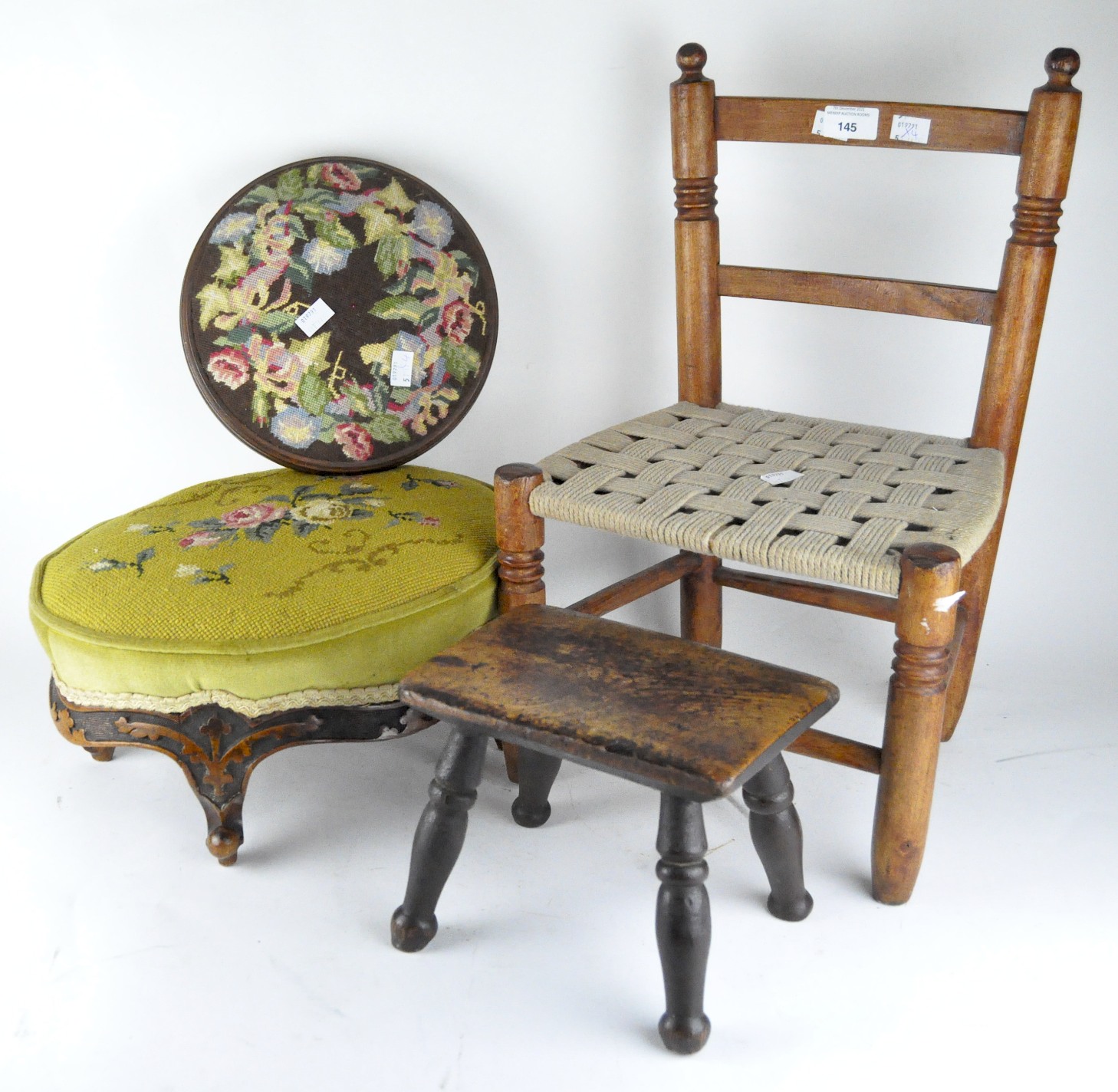 Three vintage footstools and a child's chair,