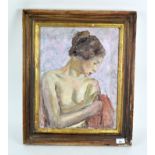 A 20th century oil on board, possibly by Ronald Olley (1923-), featuring a nude woman, framed,