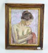 A 20th century oil on board, possibly by Ronald Olley (1923-), featuring a nude woman, framed,