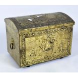 An embossed brass covered log box and another wooden box