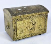 An embossed brass covered log box and another wooden box