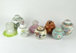 A collection of 20th century Chinese ginger jars together with two moulded glass lampshades