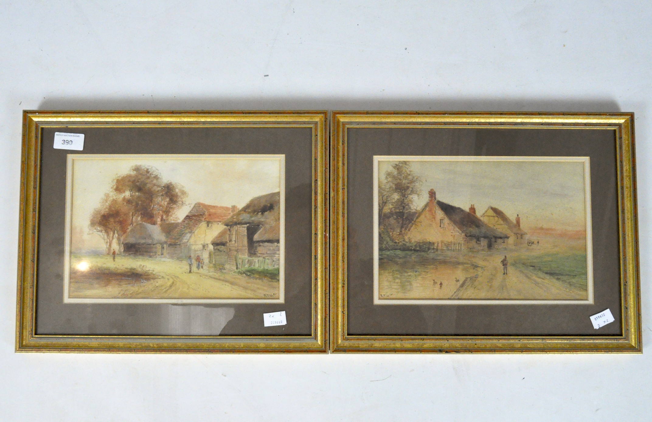 A pair of watercolours of rural farm buildings, signed 'R.T.W. 04',