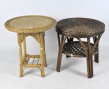 Two contemporary circular tables, both with bamboo frames and wicker tops,