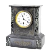 A Victorian slate mantle clock, white enamel dial with Roman numerals, flanked by marble inserts,