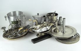 A collection of 19th & 20th century silver plate and metalware, to include an ice bucket, flatware,