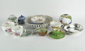 Assorted ceramics and two small oval silver plated trays marked HB&H,